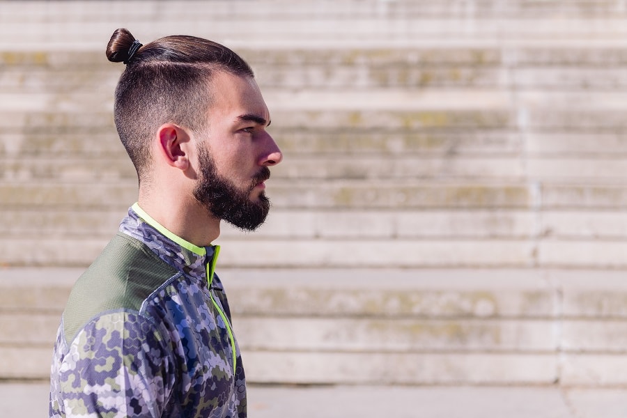 man bun with thick beard