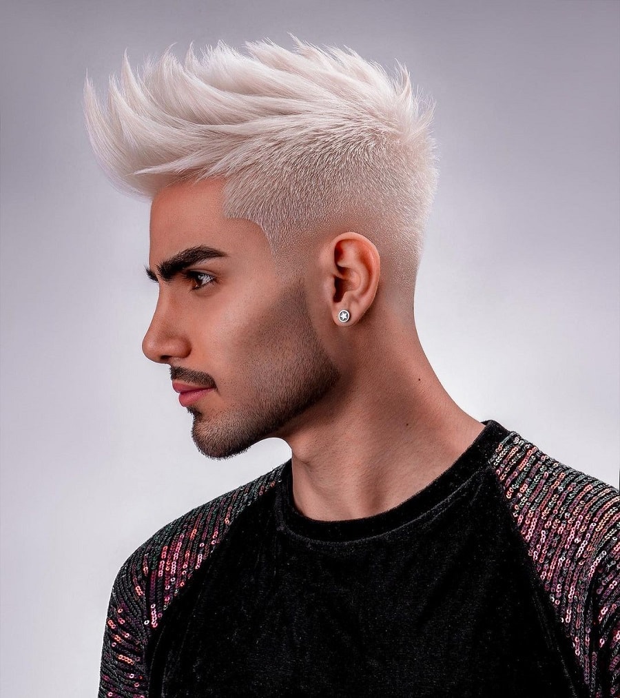 spiky quiff with platinum blonde hair