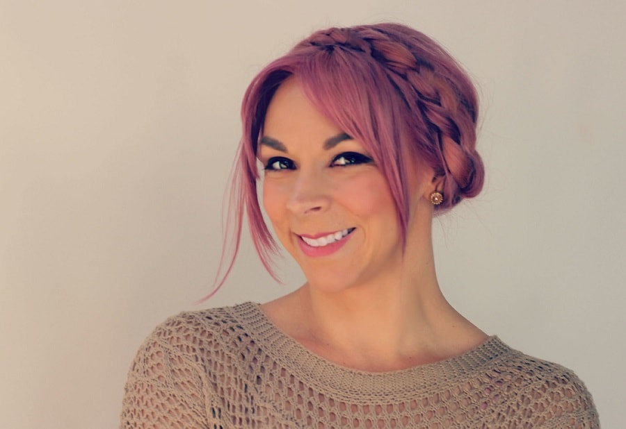 braid hairstyle with straight short pastel pink hair