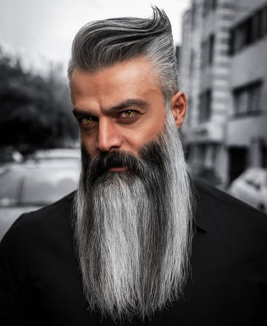 funky grey hairstyle with long beard