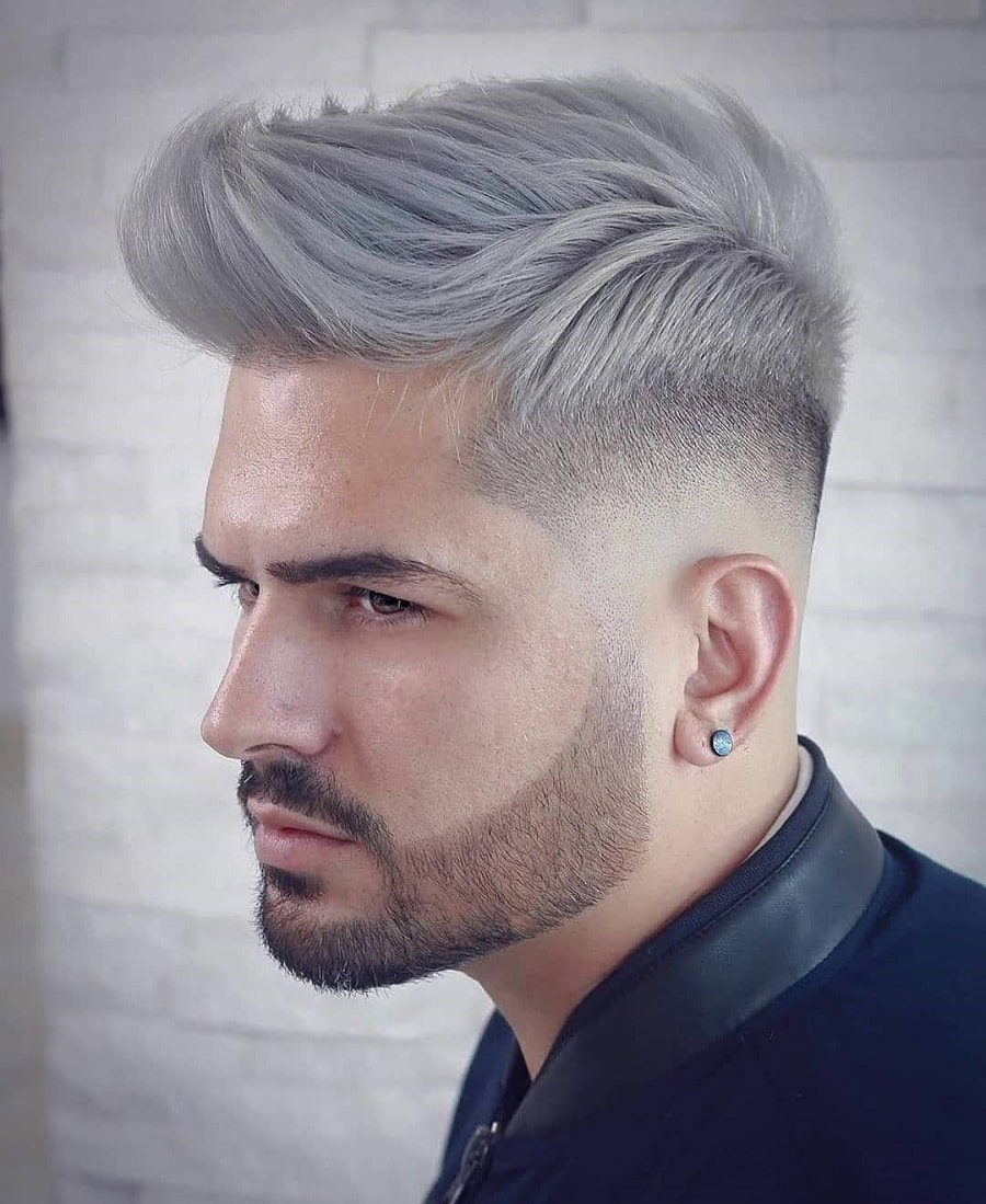 spiky quiff grey hairstyle with low fade