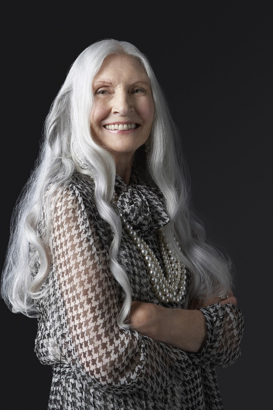 older woman with long platinum blnde hair