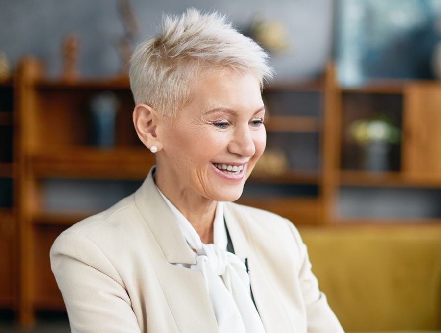 woman over 50 with very short pixie cut