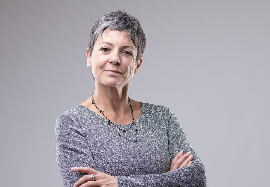 older woman with very short gray hairstyle