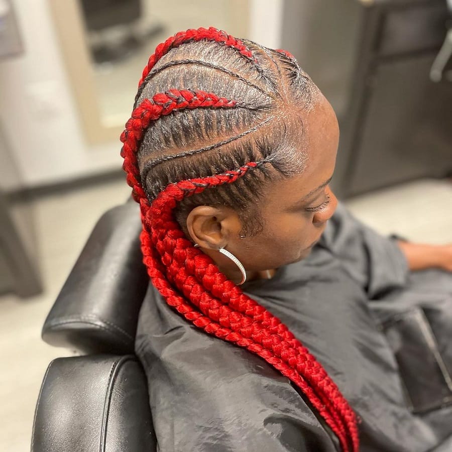feed in red cornrow braids