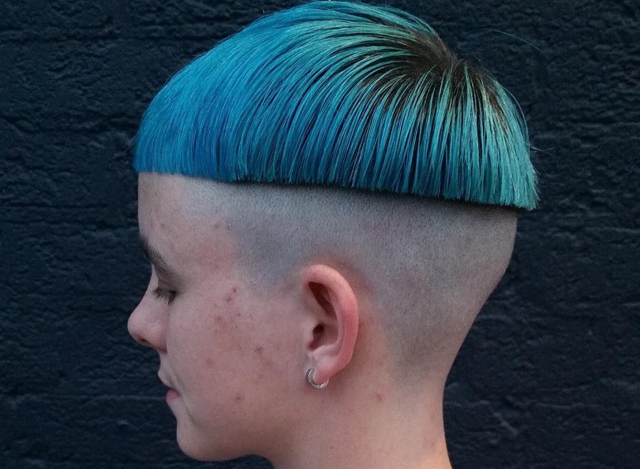 bowl haircut with short blue hair