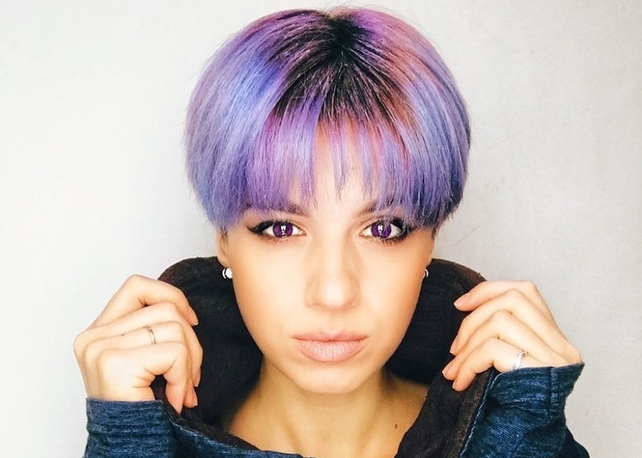 bowl haircut with lavender hair