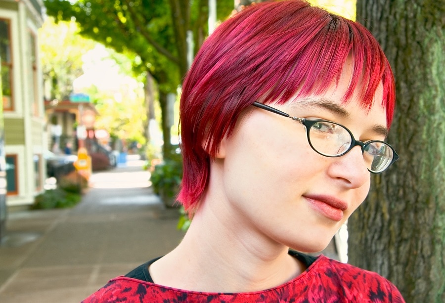 red short pixie bob with bangs