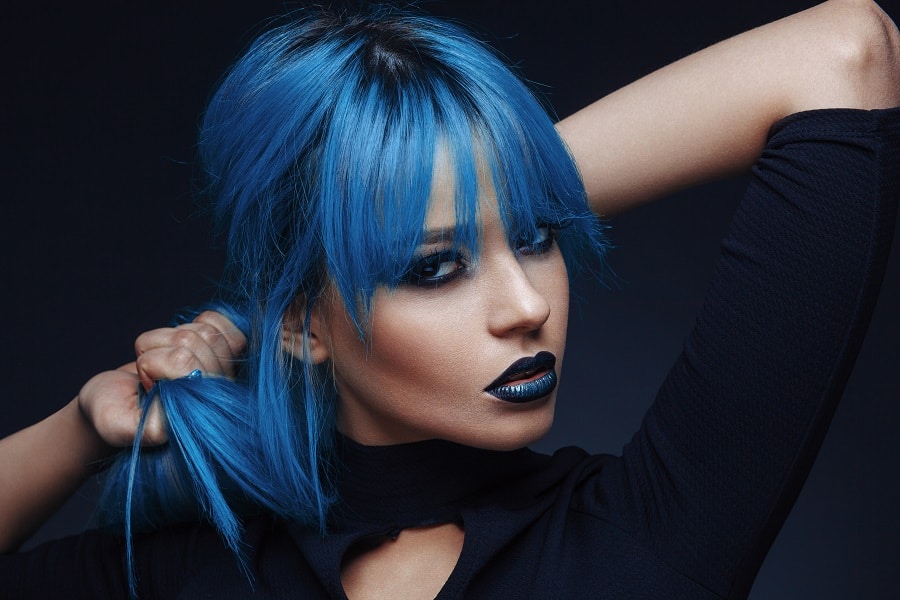 dark electric blue hair with bangs