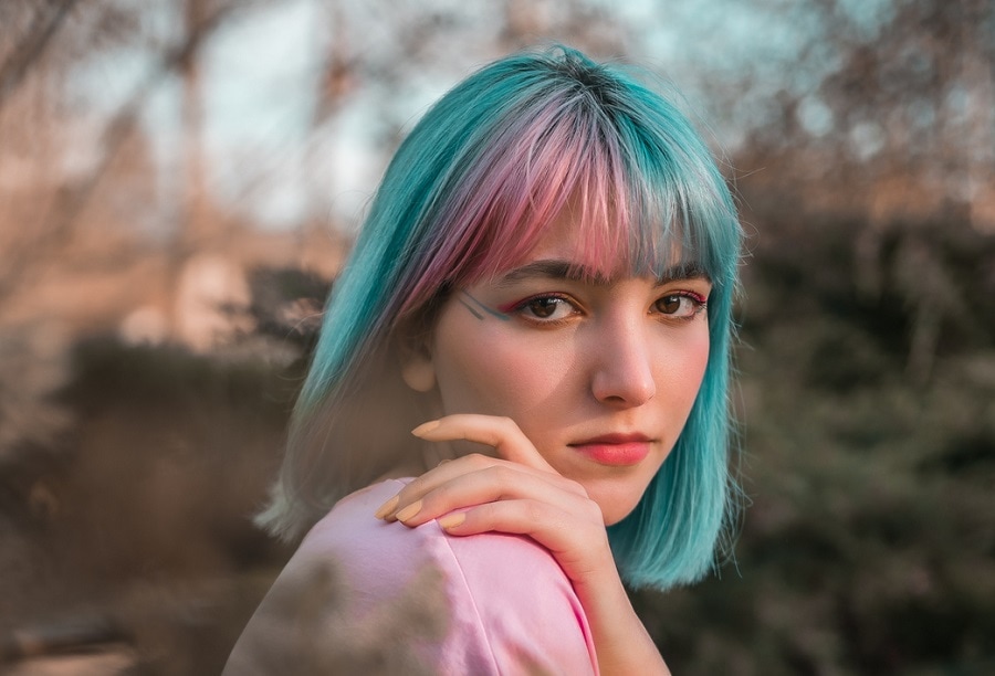 blue and pink bob hairstyle for brown eyes