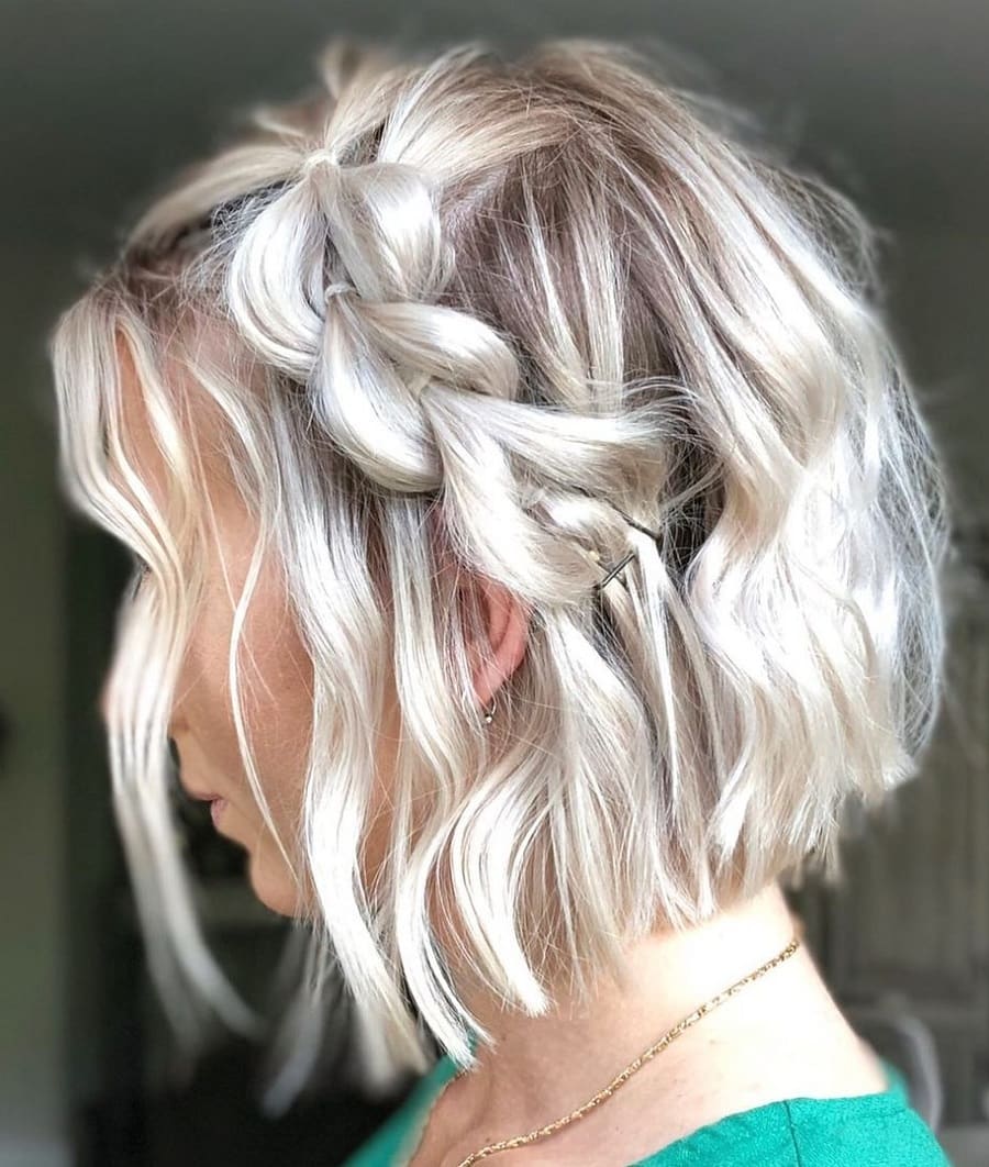 thin short blonde bob with braid