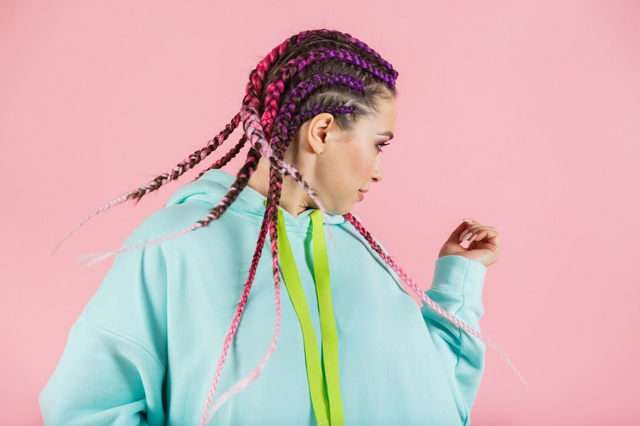 pink and purple feed in braids hairstyle