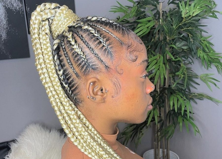 ponytail with blonde feed in braids