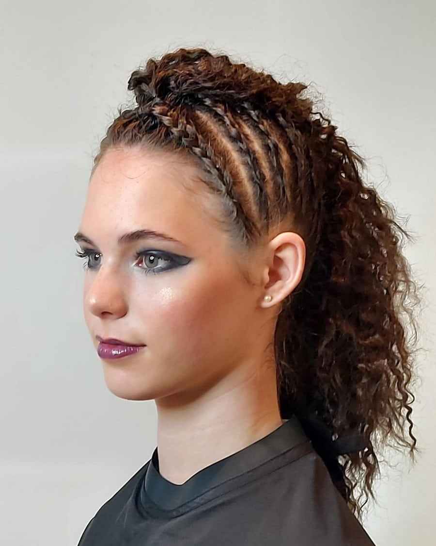 curly ponytail with mohwak cornrow braids