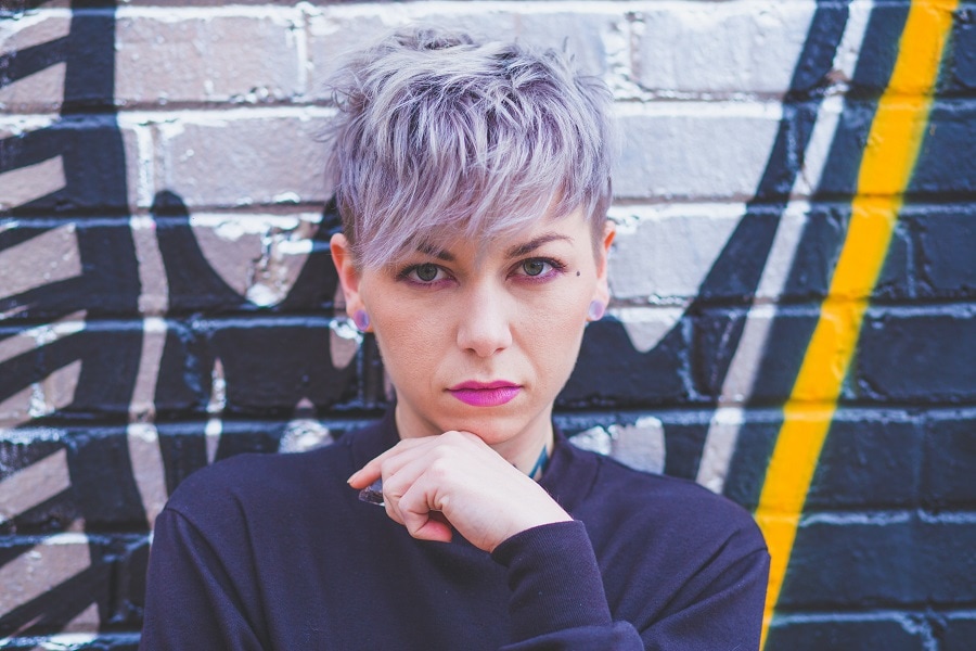 messy gray pixie cut with bangs