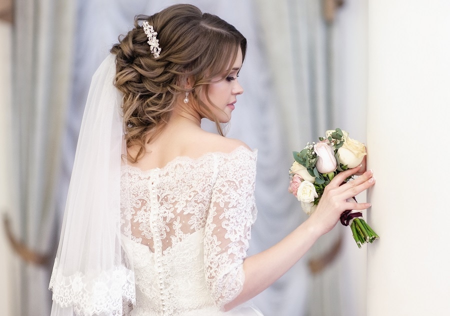 wedding updo with veil on top