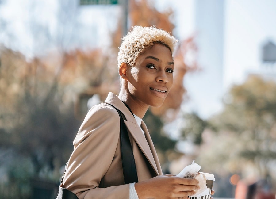 black woman pixie cut with afro hair