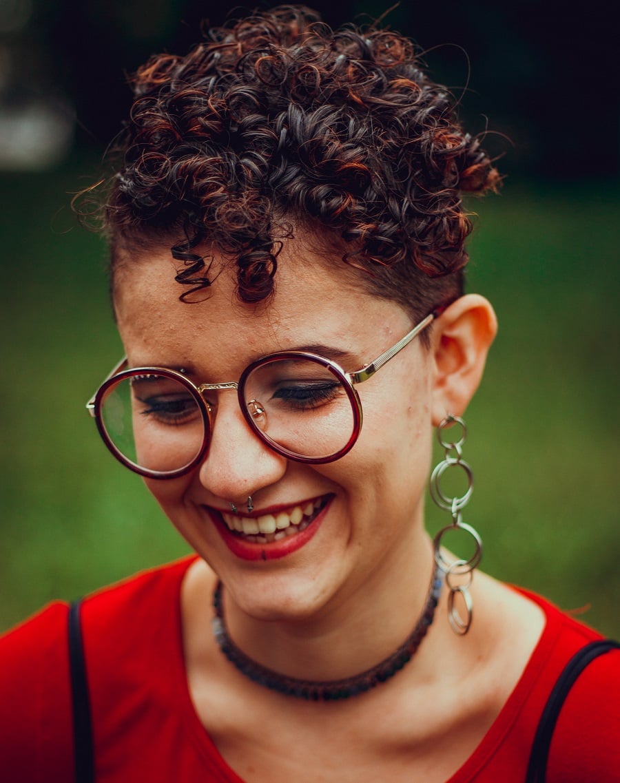 messy pixie with short curly hair