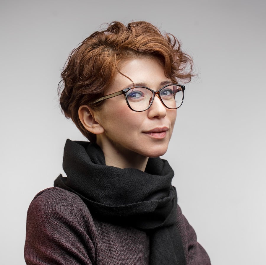 brown wavy hair with messy pixie cut