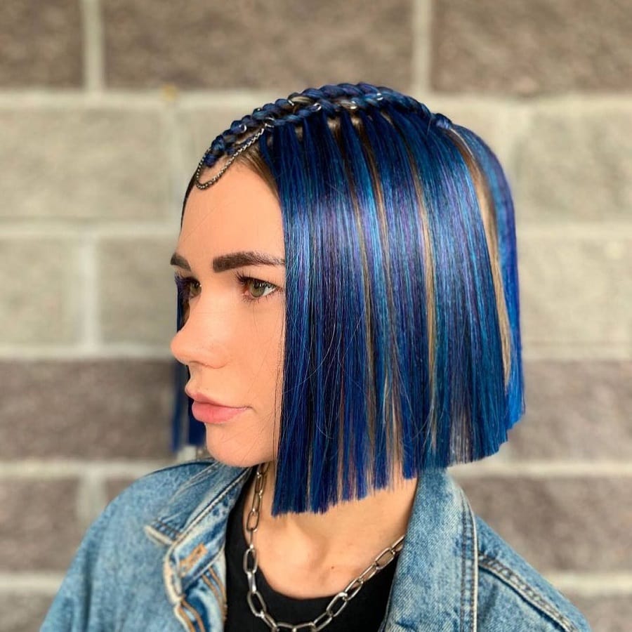 short hair braids with blue highlights