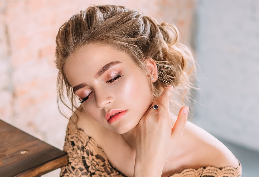 messy updo with sandy brown hair