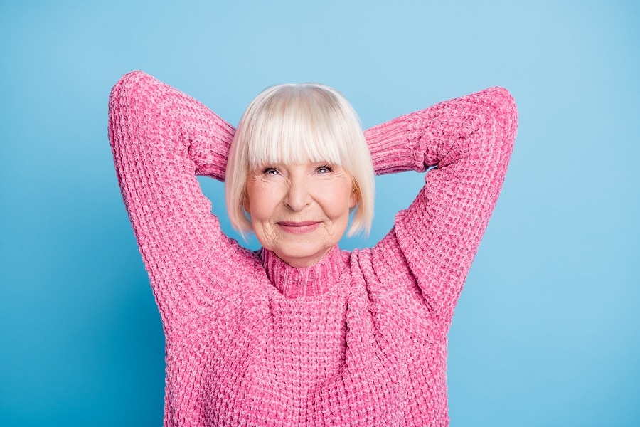 platinum bob with bangs for older woman