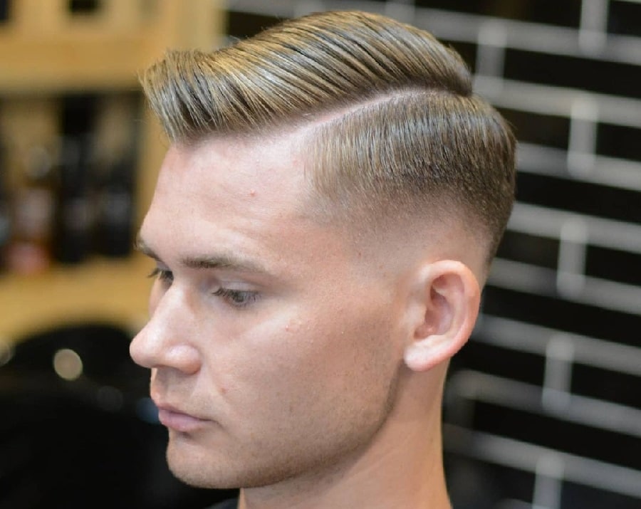 side part blonde hairstyle with fade