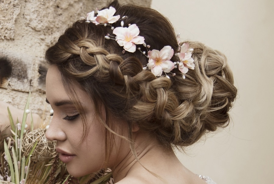 curly wedding updo with braid