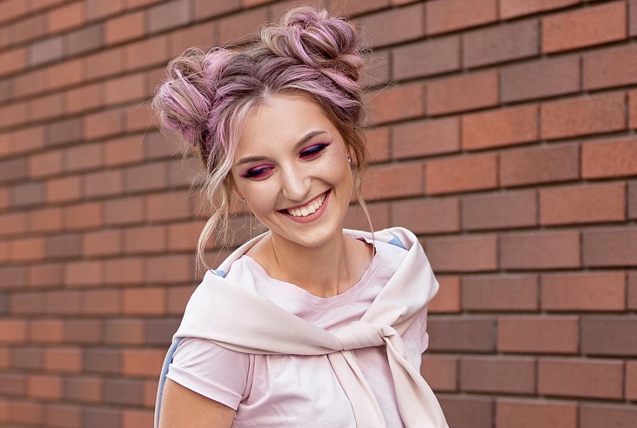 space bun for pastel pink curly hair