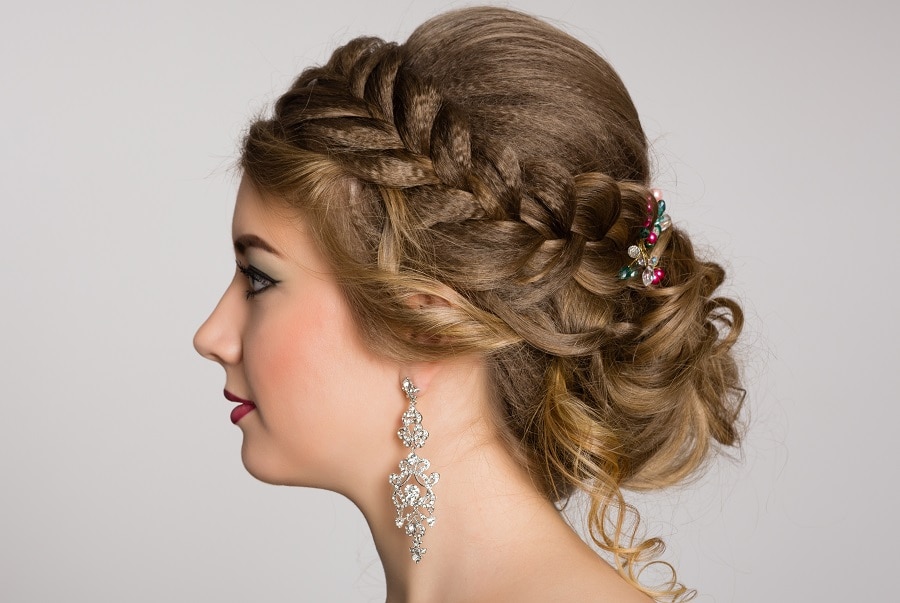 braided updo with blonde curly hair