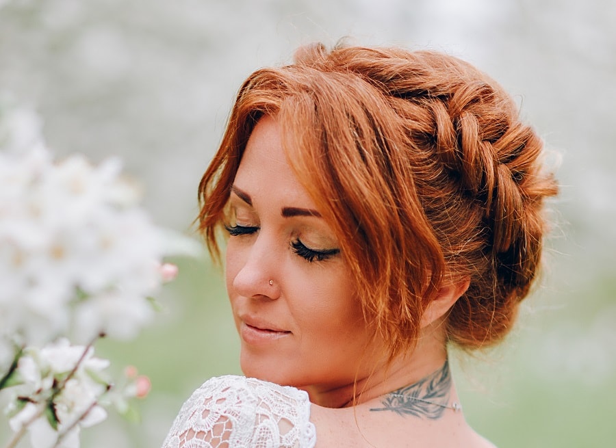 braided updo with long bangs