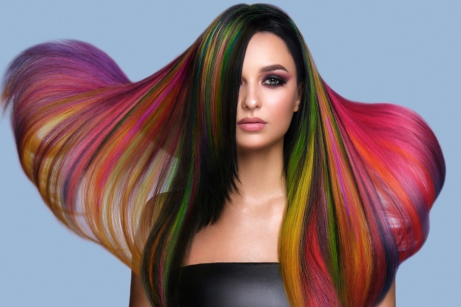 jet black hair with colorful highlights