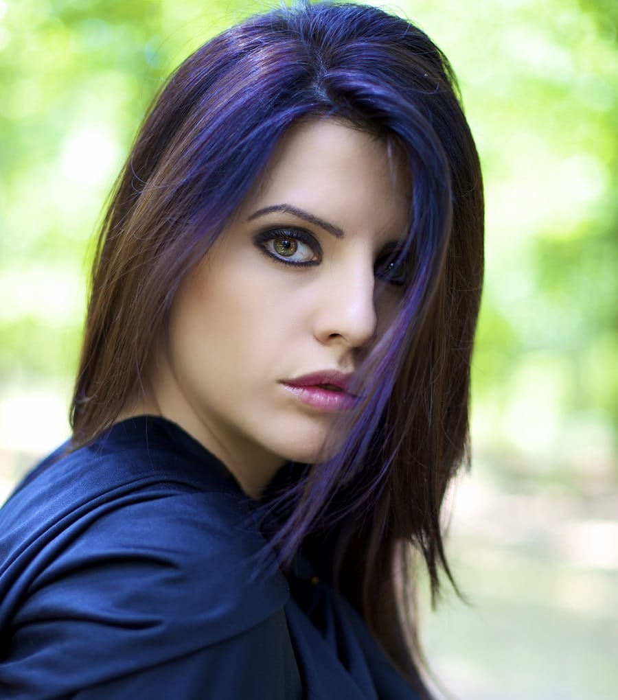 black with dark blue highlights and blue eyes