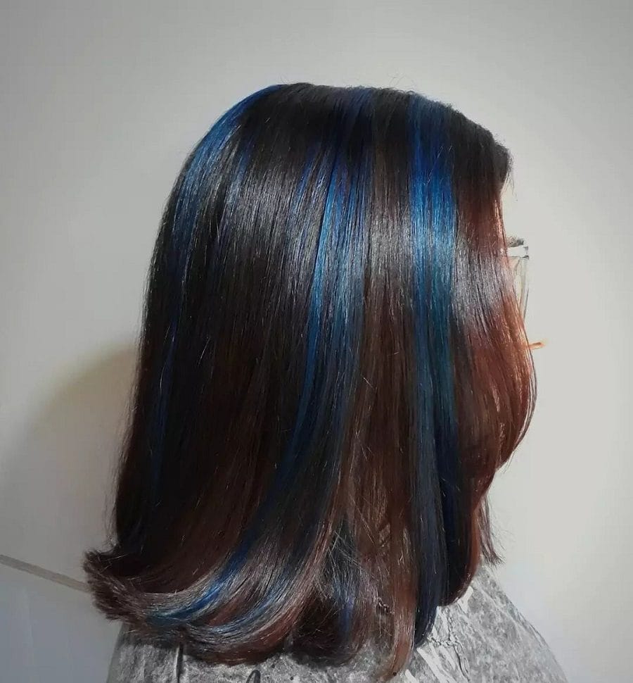 chunky blue highlights on brown hair