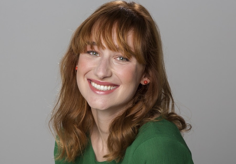 copper brown hair with bangs for hazel eyes