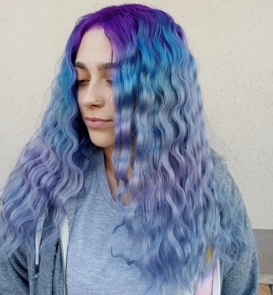 crimped hairstyle with mermaid blue hair