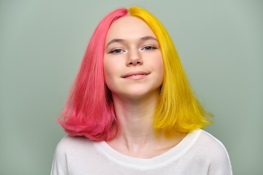 pink and yellow half and half bob