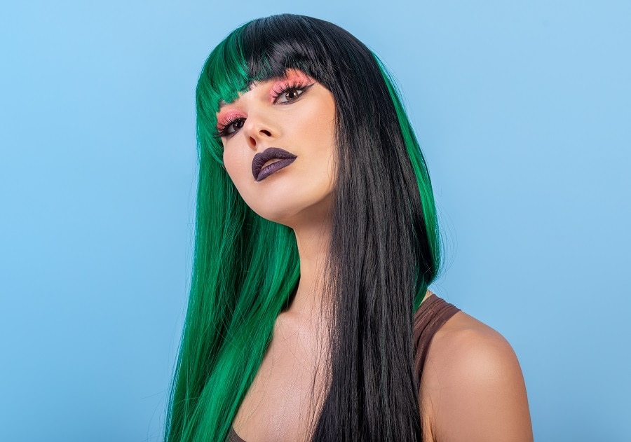 green and black half and half hair with bangs