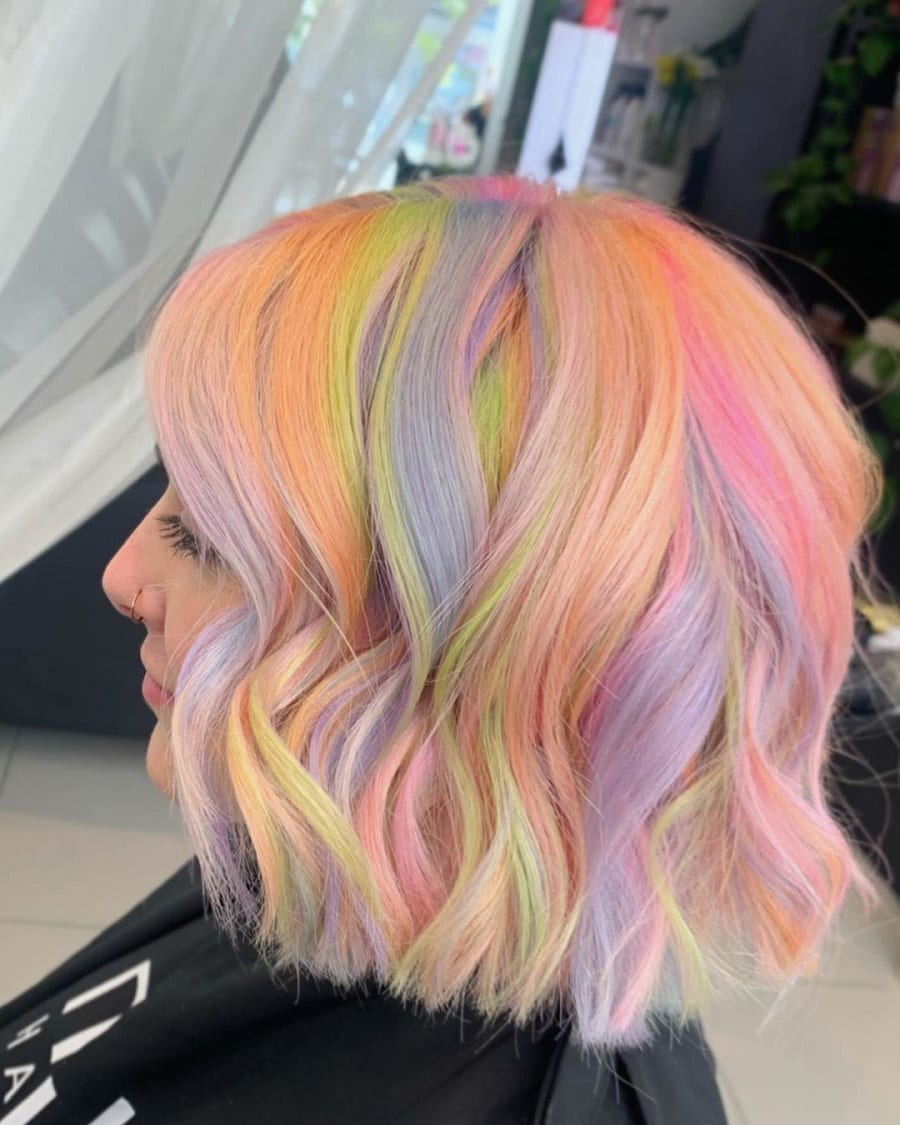 shaggy bob with pastel highlights