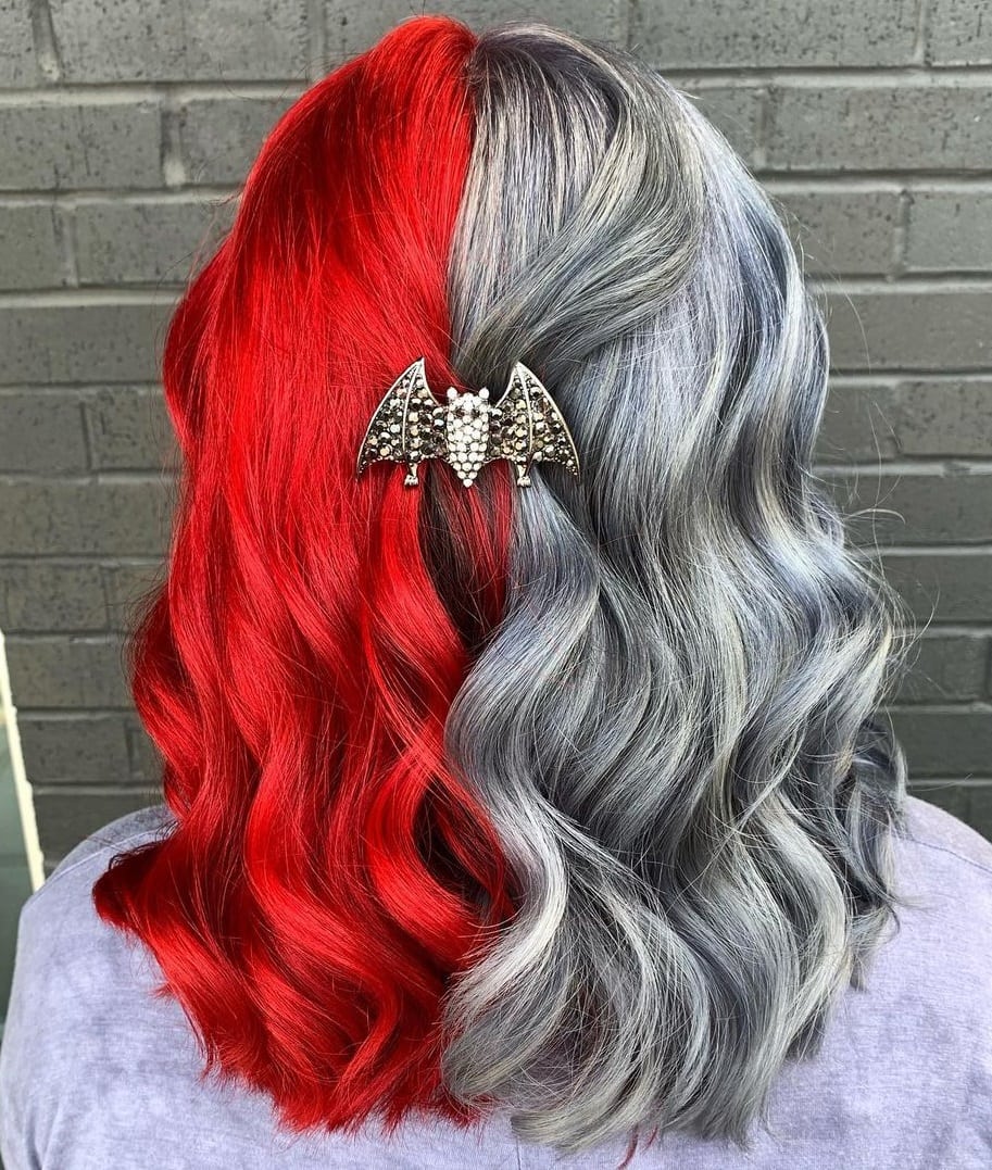 way red and grey split hair color