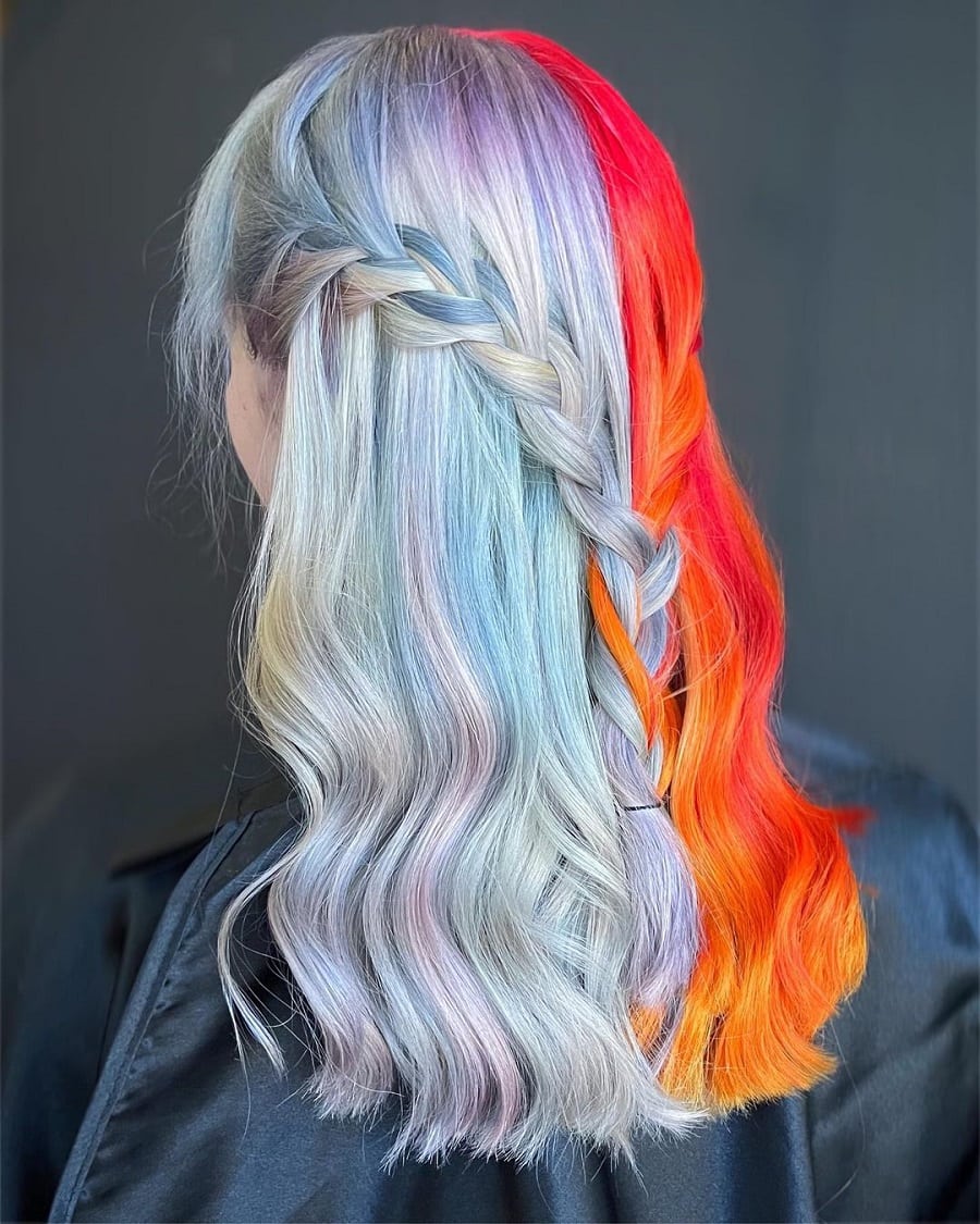 silver and orange split hair color with braids