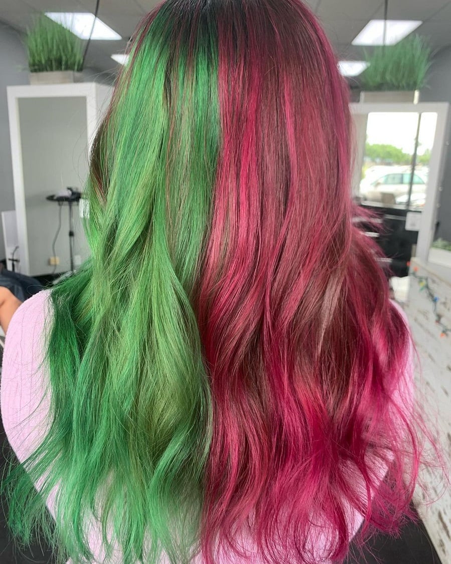 green and burgundy red split hair color
