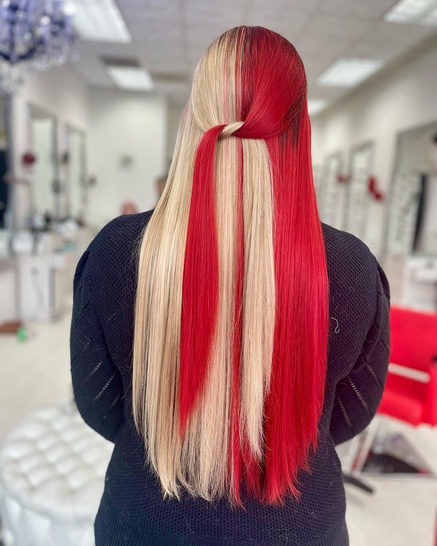 blonde and red split hair color