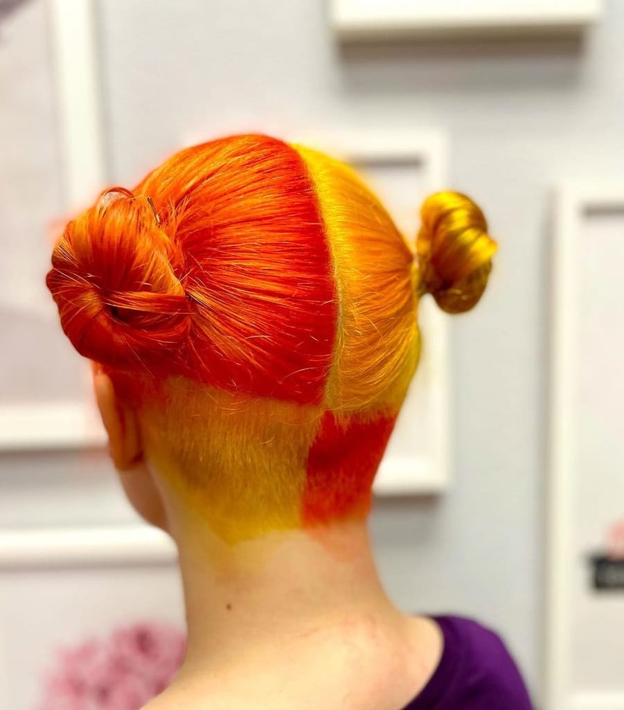 space buns with split hair color
