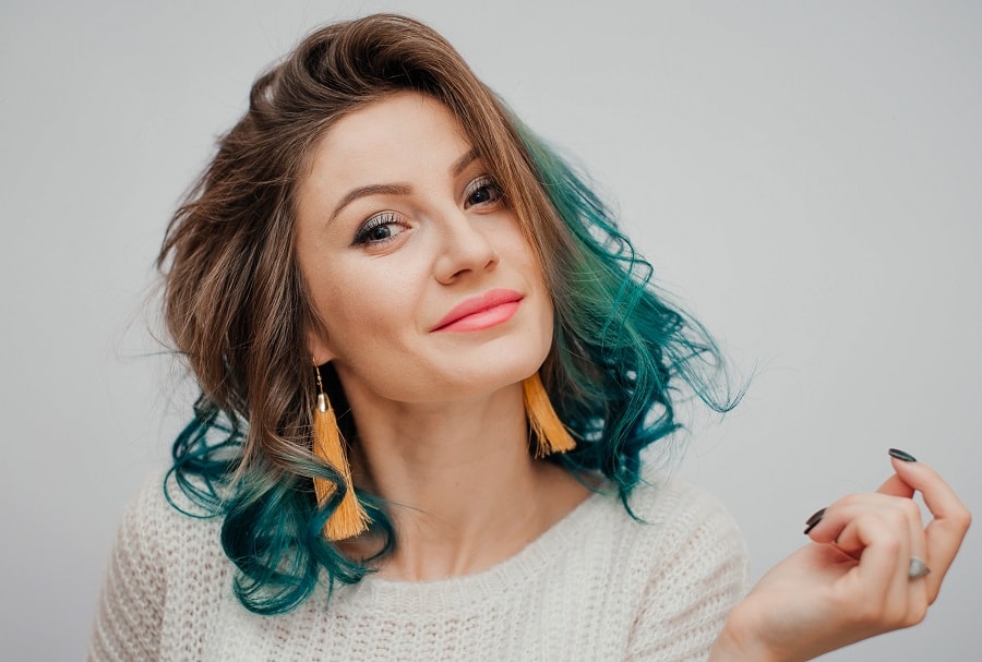dark brown and green two tone wavy hair