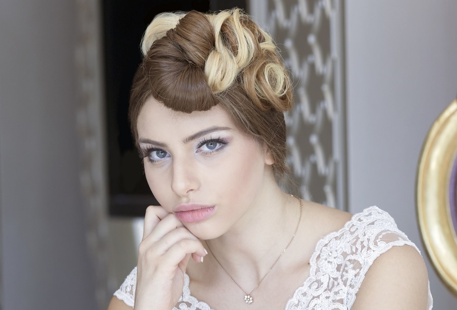 wedding updo for women with brown hair and blue eyes