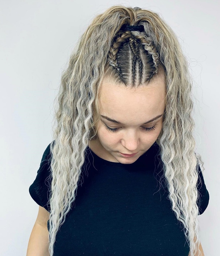 half braided updo for ash blonde curly hair