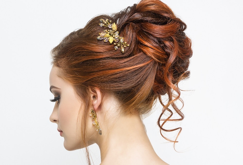 long brown hair updo with copper red highlights