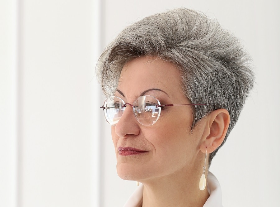 over 50 short grey hairstyle with glasses