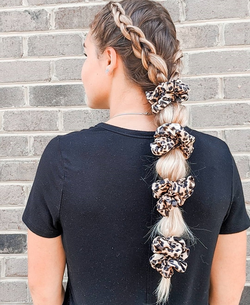 2 braided hairstyle with scrunchie